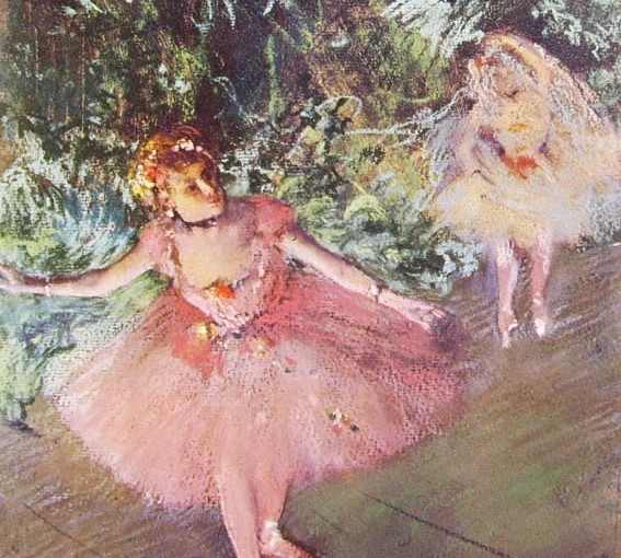 Edgar Degas: Ballerine sulla scena, 1880, pastello e tempera cm. 38 x 27 Collezione privata.